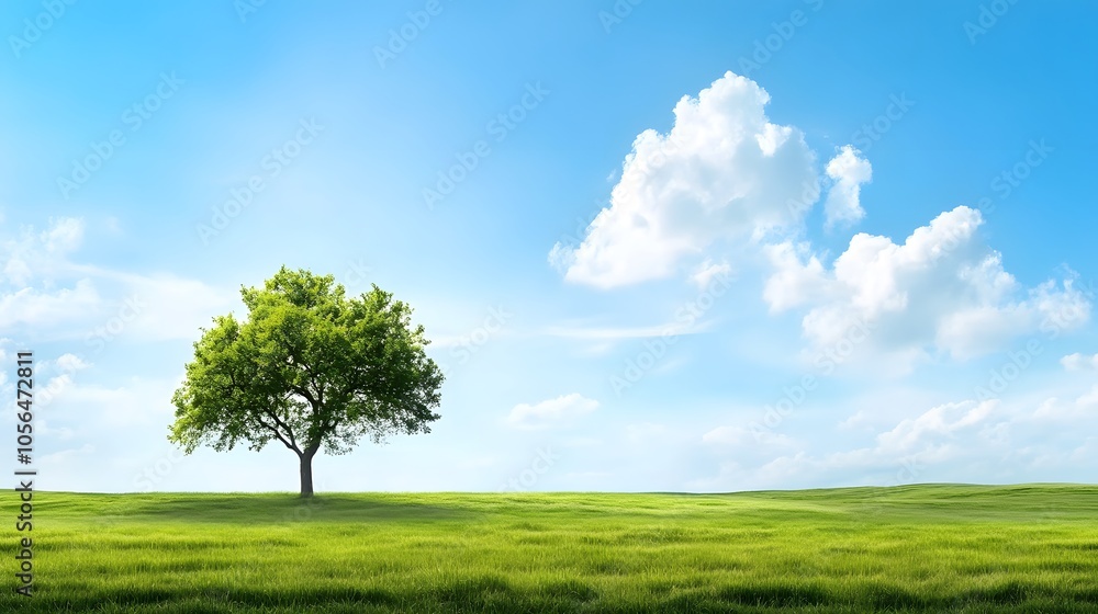 Serene landscape with isolated tree and blue sky Serene landscape with isolated tree and blue sky
