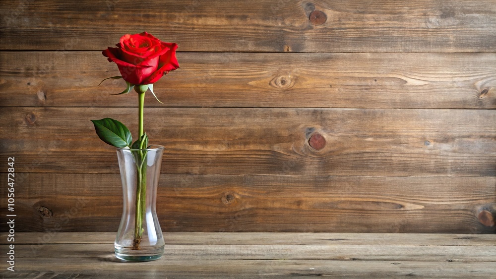 A single long-stemmed red rose in a clear glass vase on a wooden table, single rose, vases A single long-stemmed red rose in a clear glass vase on a wooden table, single rose, vases