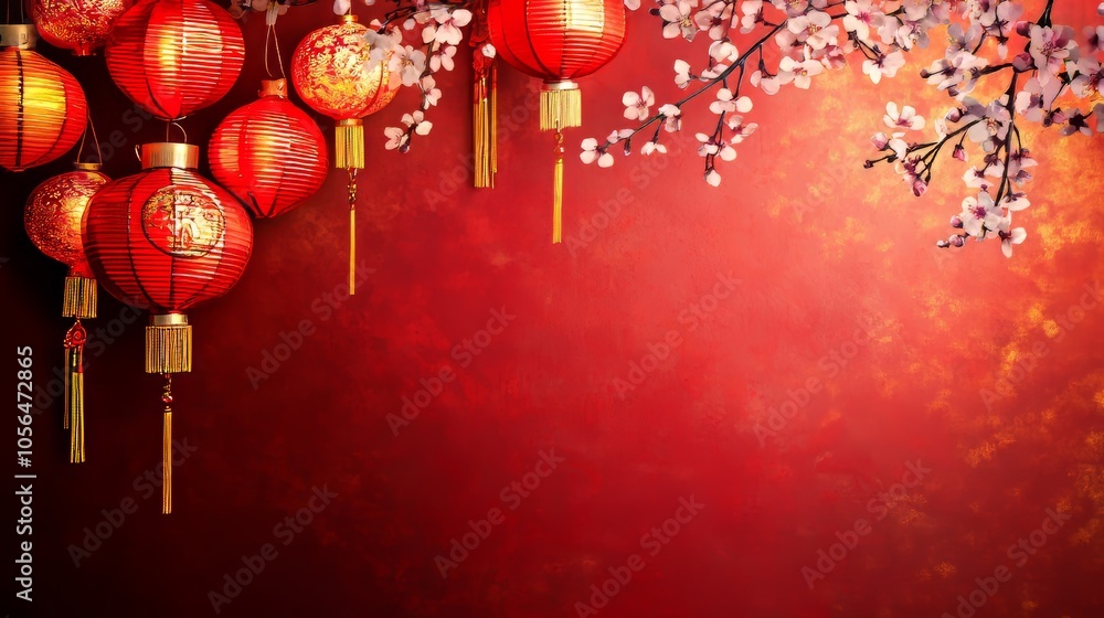 Create a vibrant copy space background for Chinese New Year, adorned with traditional symbols such as lanterns and cherry blossoms, in rich red and gold hues that evoke joy and prosperity Create a vibrant copy space background for Chinese New Year, adorned with traditional symbols such as lanterns and cherry blossoms, in rich red and gold hues that evoke joy and prosperity