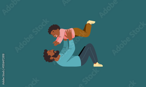 Father playing airplane with joyful child on floor