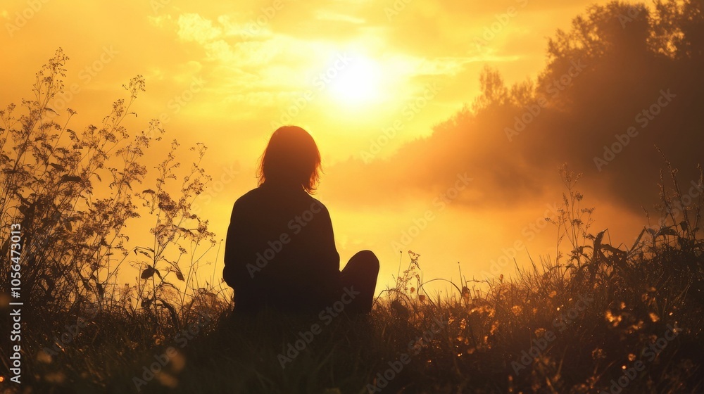 Silhouette of woman meditating at sunrise by a lake Silhouette of woman meditating at sunrise by a lake