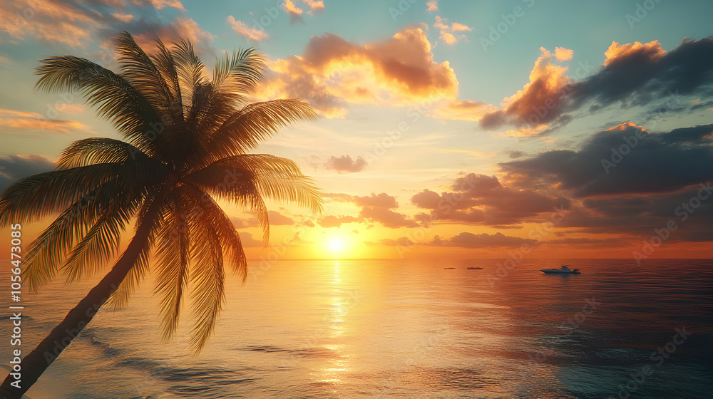 Palm Tree Sunset Seascape Illustration Palm Tree Sunset Seascape Illustration