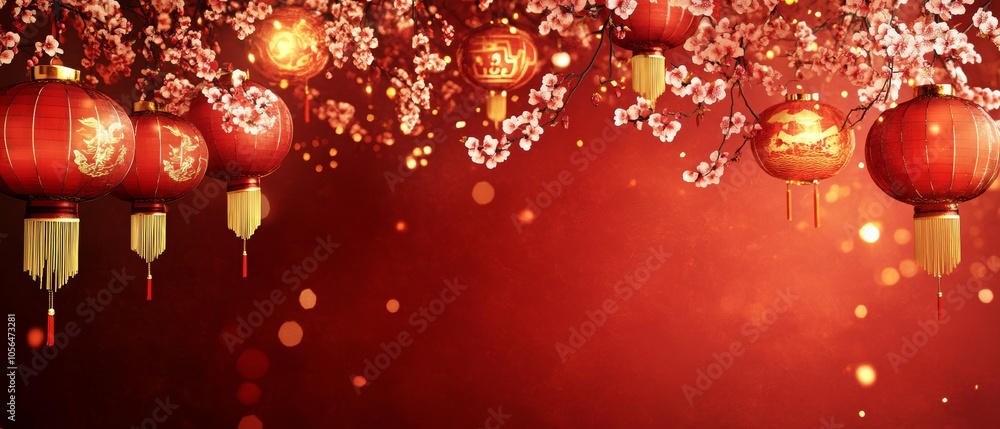 Create a vibrant copy space background for Chinese New Year, adorned with traditional symbols such as lanterns and cherry blossoms, in rich red and gold hues that evoke joy and prosperity Create a vibrant copy space background for Chinese New Year, adorned with traditional symbols such as lanterns and cherry blossoms, in rich red and gold hues that evoke joy and prosperity