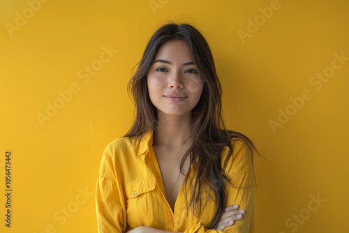 Smiling brightly in a yellow attire, a young woman radiates confidence and cheerfulness, showcasing a stylish and lively spirit.