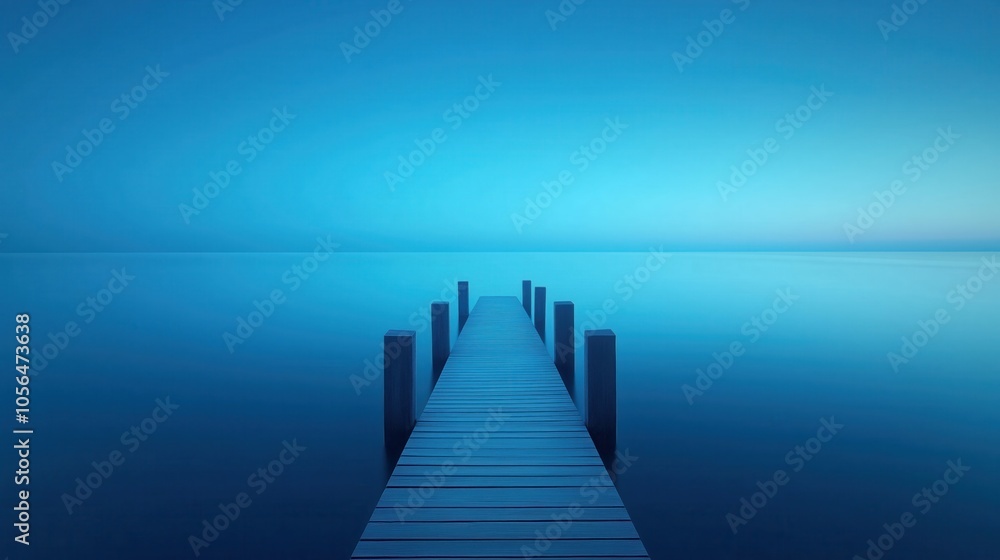 Serene blue pier extending into calm water with a tranquil atmosphere. Serene blue pier extending into calm water with a tranquil atmosphere.