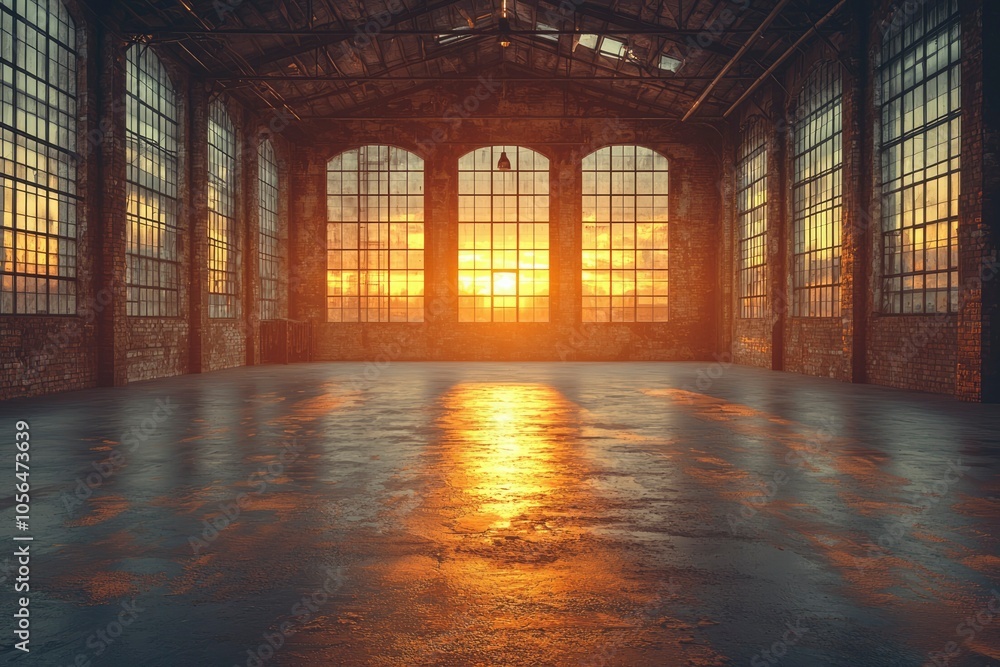 Sunset Reflected in a Large Industrial Window in a Brick Warehouse Sunset Reflected in a Large Industrial Window in a Brick Warehouse