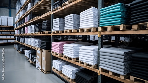 Industrial Textile Warehouse with Colorful Fabric Rolls Organized on Shelves : Generative AI