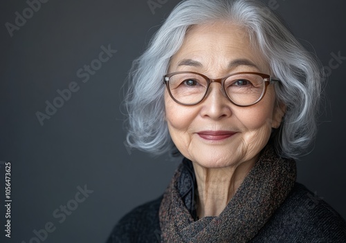 A senior Asian woman, aged 50-70, dressed in cultural attire, stands confidently against a soft gray backdrop, showcasing her timeless elegance in a studio setting.