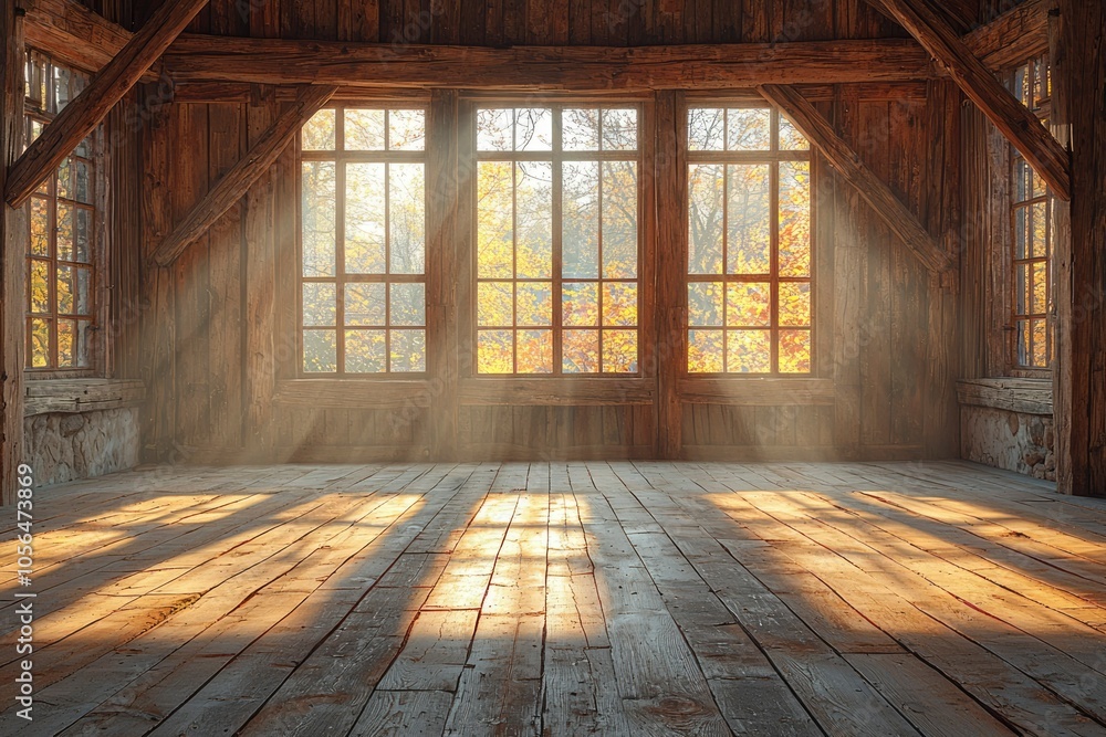 Rustic Wooden Room with Windows and Sunlight Streaming In Rustic Wooden Room with Windows and Sunlight Streaming In