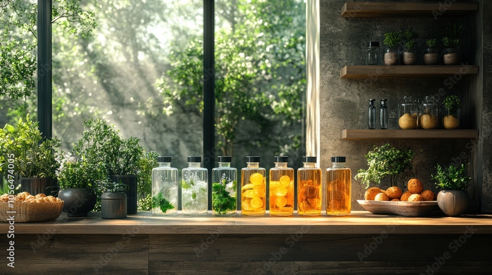 A serene kitchen scene with infused drinks and fresh herbs. A serene kitchen scene with infused drinks and fresh herbs.