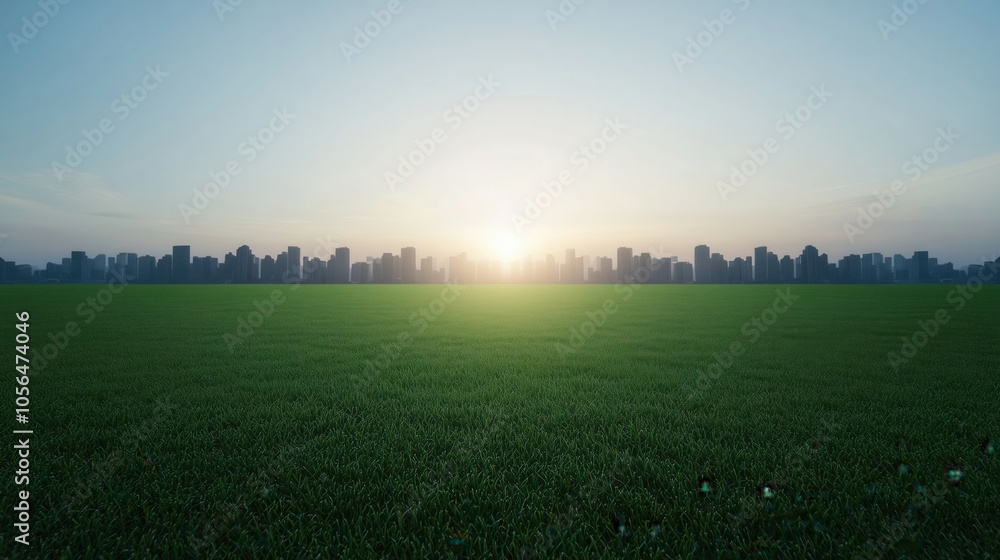 Urban skyline at sunset with vibrant green grass foreground, serene and picturesque view. Urban skyline at sunset with vibrant green grass foreground, serene and picturesque view.