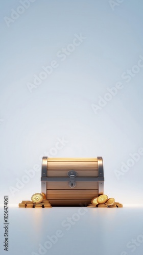 Wooden treasure chest overflowing with gold coins, isolated on a light background.