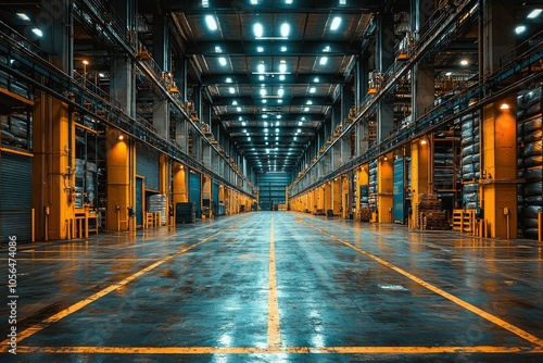 Empty Industrial Warehouse with Yellow Lines and Pallets