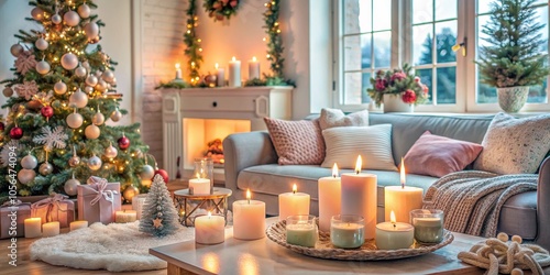 Cozy Christmas Living Room with Candles and a Decorated Tree