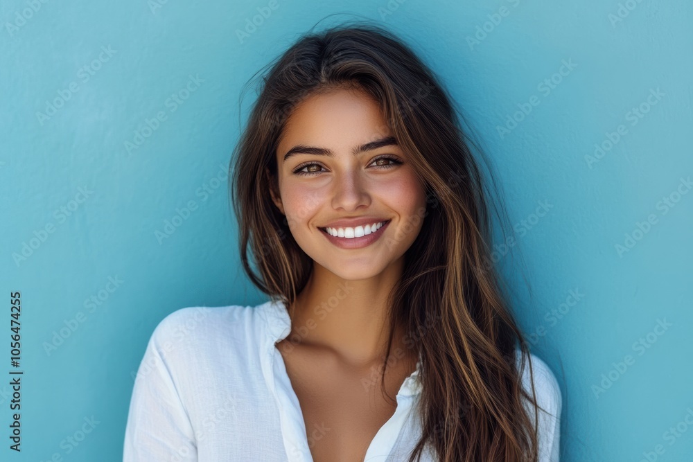 Smiling brightly, a Caucasian woman in a white shirt poses confidently against a turquoise backdrop, highlighting her charm and beauty. Smiling brightly, a Caucasian woman in a white shirt poses confidently against a turquoise backdrop, highlighting her charm and beauty.