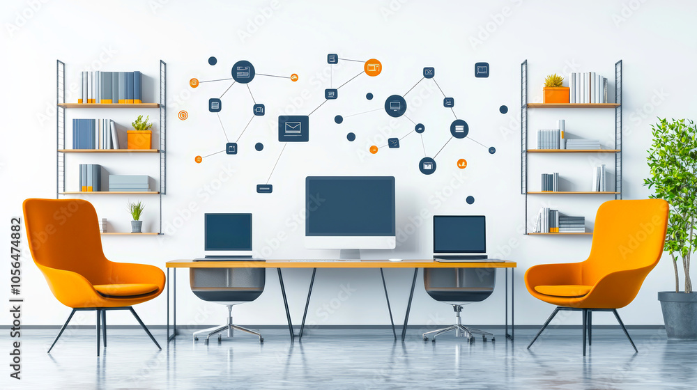 Modern office workspace with computers, shelves, and networking decor Modern office workspace with computers, shelves, and networking decor