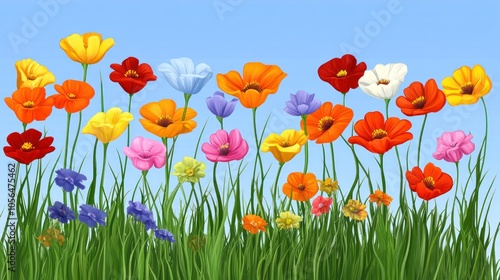 A vibrant array of colorful flowers against a clear blue sky.