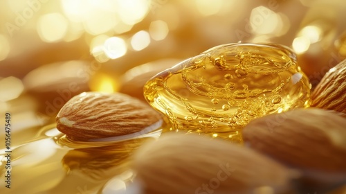 Peeled almonds drenched in golden almond oil, soft light creating a luxurious and natural scene, ideal for skincare and health concepts