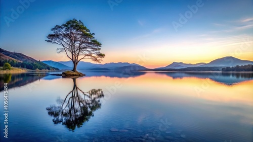 Wallpaper Mural A tranquil mountain lake at dusk with a lone tree standing on its shore and reflected in the water's surface, outdoor scenery, sunset view, tree reflection, mountain lake Torontodigital.ca