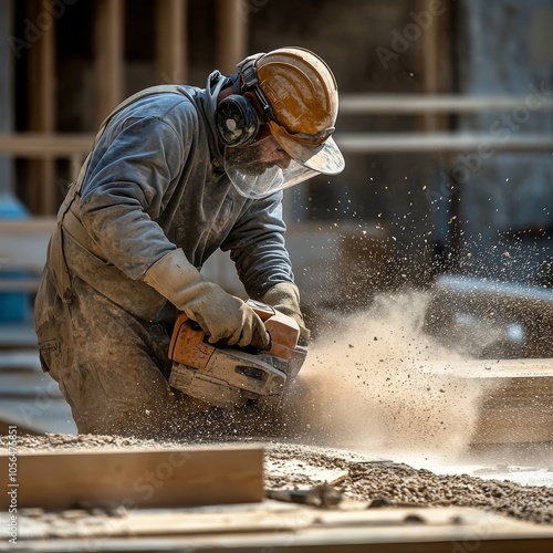 Construction Worker Grinding Concrete with Dust and Safety Gear photo