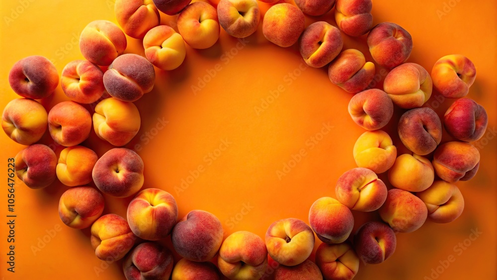 A vibrant orange background with a cluster of fluffy peaches arranged in a circular pattern, edible, fruit arrangement A vibrant orange background with a cluster of fluffy peaches arranged in a circular pattern, edible, fruit arrangement