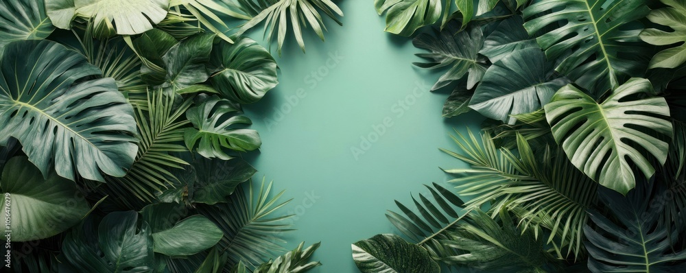Lush green leaves arranged around a soft teal background, creating a serene nature vibe. Lush green leaves arranged around a soft teal background, creating a serene nature vibe.