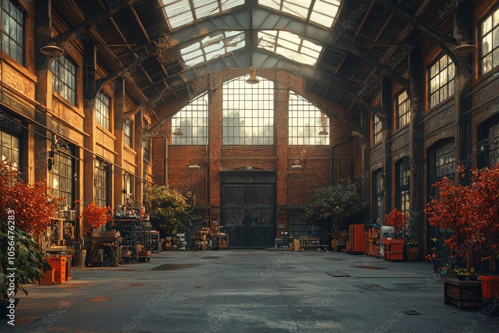 Industrial Interior with Brick Walls, Large Windows, and Plants Industrial Interior with Brick Walls, Large Windows, and Plants