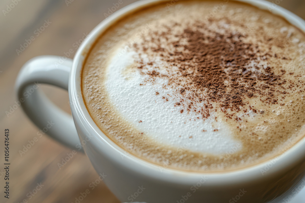 A close-up of a cappuccino topped with cocoa powder in a white cup. A close-up of a cappuccino topped with cocoa powder in a white cup.