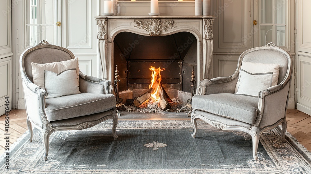 Fototapeta premium Rustic Meets Modern: Two Chairs and Sofa Arrangement by the Fireplace in French Country Style