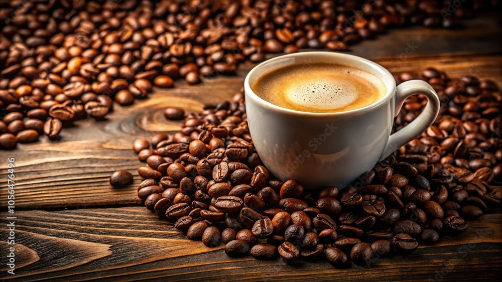 Naklejka premium A warm cup of coffee with a thick layer of crema on top and a few coffee beans scattered around the rim, breakfast, brew, liquid, morning, decor