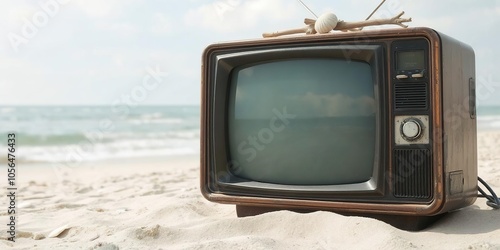 A vintage television set decorated with shells and driftwood, sitting on a sandy beach overlooking the ocean, ocean, retro photo