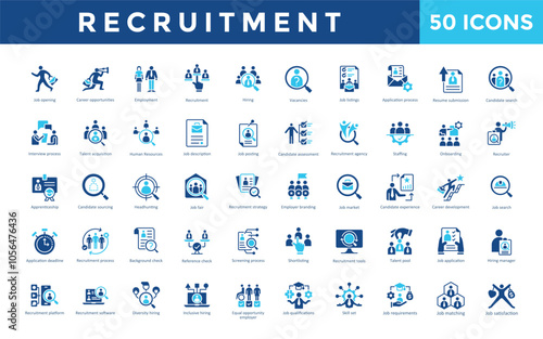 Recruitment icon set with job opening, career opportunities, employment, recruitment, hiring, vacancies, job listings, application process, resume submission, candidate icon. Simple flat vector 
