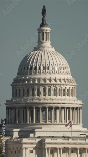 Vertical Video iconic dome of the US Capitol Building in Washington DC, with a partly cloudy sky and foliage in the foreground. photo