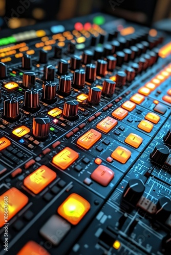 Close-up of a Music Production Console with Illuminated Buttons and Knobs