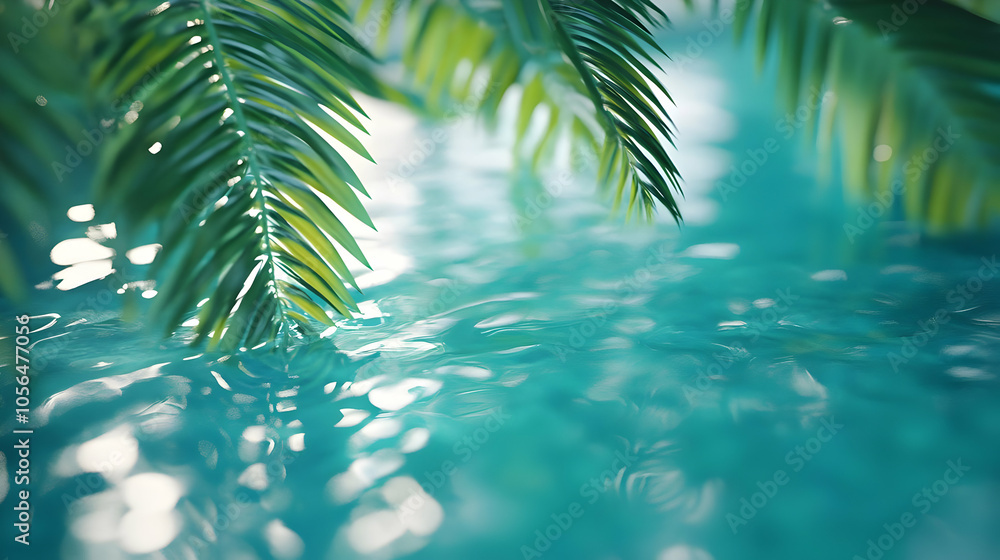 Palm Leaves Over Rippling Teal Water - 3D Illustration Palm Leaves Over Rippling Teal Water - 3D Illustration