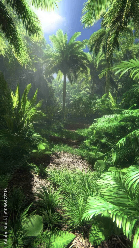 Lush tropical jungle scene with dense foliage and sunlight filtering through the trees. Lush tropical jungle scene with dense foliage and sunlight filtering through the trees.