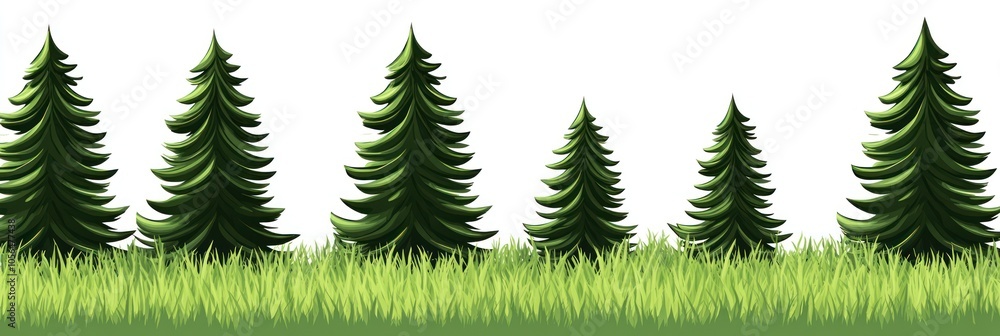 A row of stylized evergreen trees set against a grassy foreground.