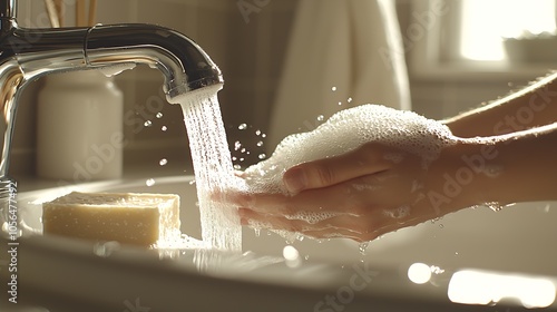 Person Washing Hands with Soap Under Running Water in Well Lit Bathroom : Generative AI