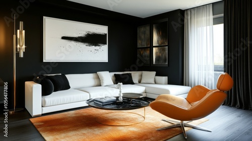 A contemporary space with black walls, a white modular sofa, and a peach accent chair