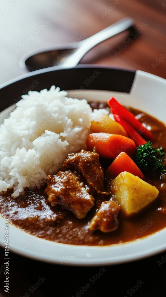 Japanese curry with rice and vegetables in a plate on a wooden table Japanese curry with rice and vegetables in a plate on a wooden table