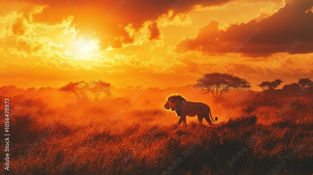 Silhouette of a lion walking across the African savanna during a beautiful sunset. Silhouette of a lion walking across the African savanna during a beautiful sunset.