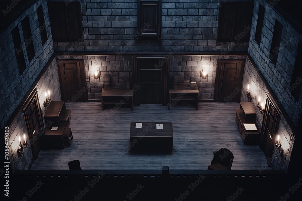 A Dimly Lit Room With A Single Table And Two Chairs In A Stone Castle. A Dimly Lit Room With A Single Table And Two Chairs In A Stone Castle.
