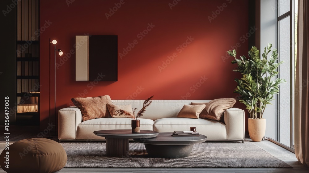 A cozy living space featuring a red accent wall, creamy sofas, and dark gray coffee tables A cozy living space featuring a red accent wall, creamy sofas, and dark gray coffee tables