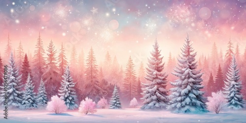 Enchanted Winter Forest with Snow-Covered Trees and a Pink-Hued Sky photo