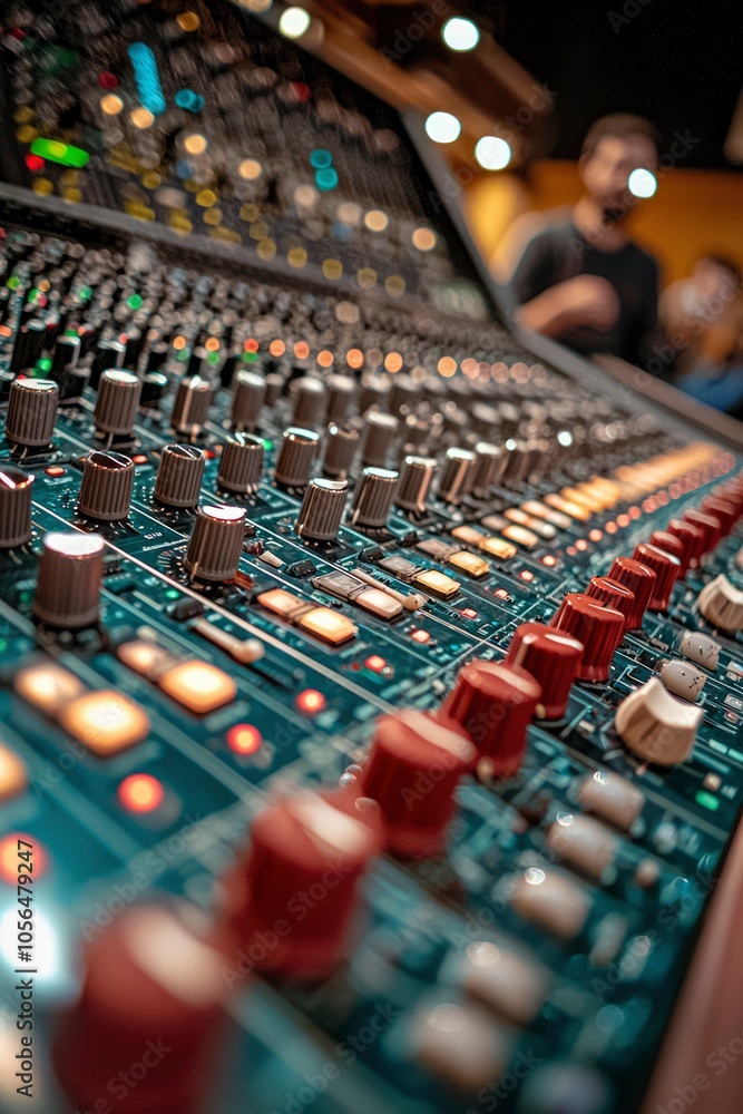 Fototapeta premium Close-up of an Audio Mixing Console with Red Knobs