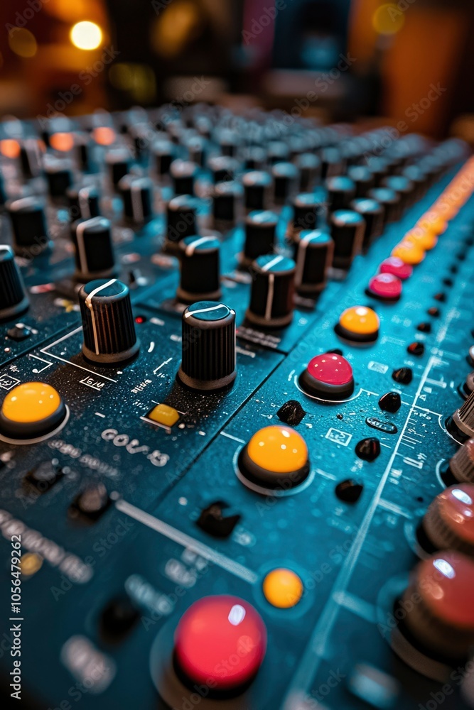 Close-up of an Audio Mixing Board with Knobs and Buttons Close-up of an Audio Mixing Board with Knobs and Buttons