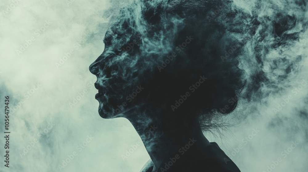 Silhouette of a woman's face with smoke, representing abstract emotions and inner turmoil Silhouette of a woman's face with smoke, representing abstract emotions and inner turmoil