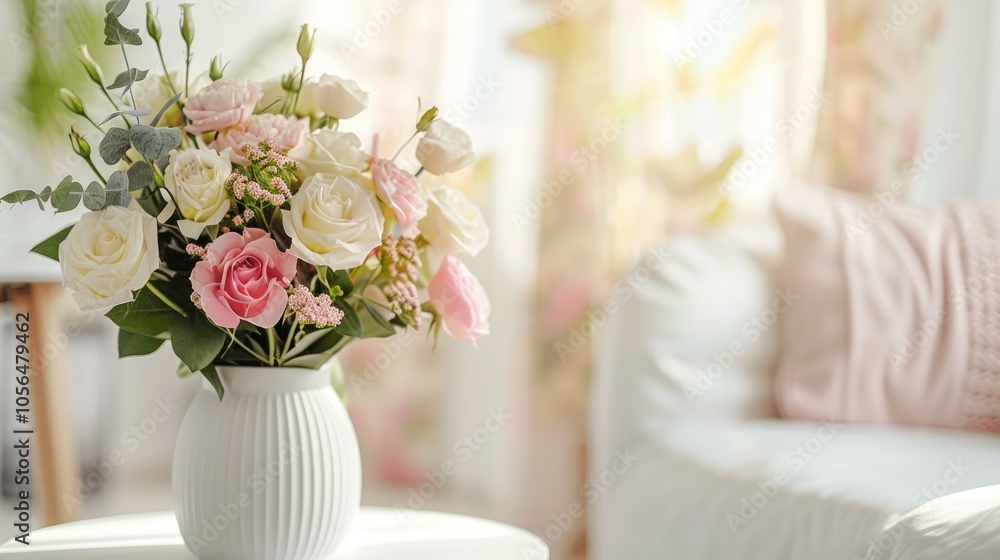 Fresh flowers in white vase on small table in bright room with decor in background Fresh flowers in white vase on small table in bright room with decor in background
