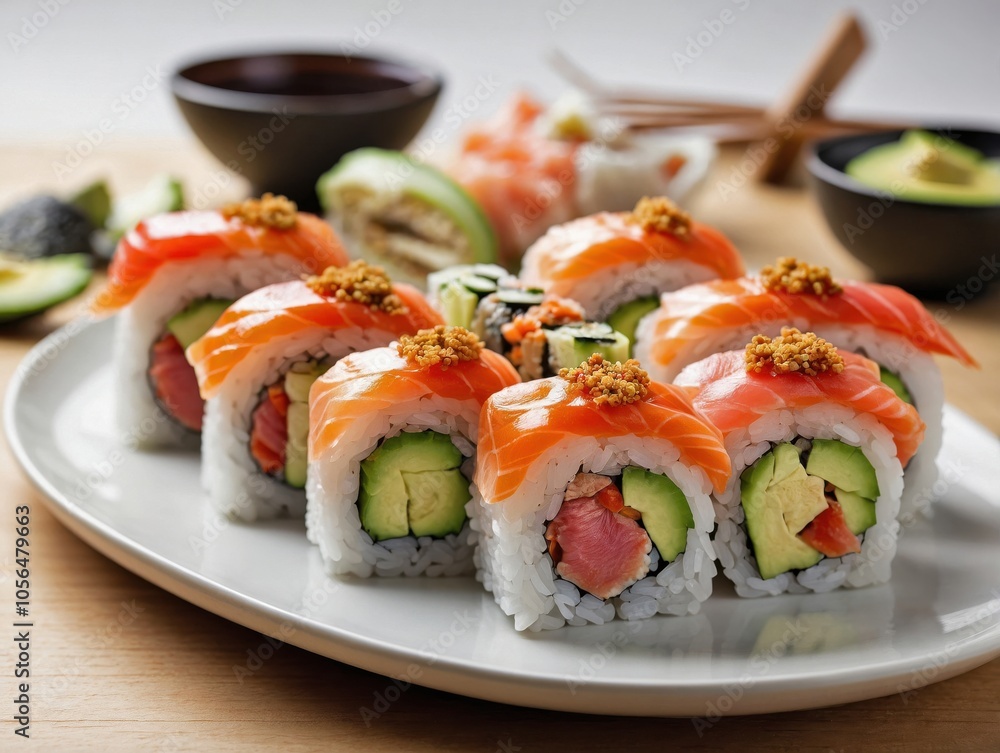 Sushi Roll on White Plate on Wooden Surface Sushi Roll on White Plate on Wooden Surface
