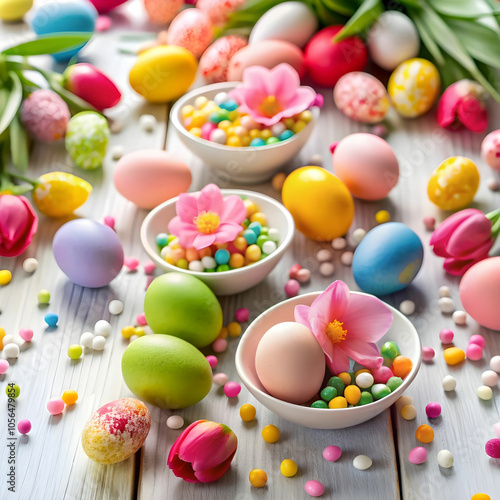 easter eggs with candies and flowers scattered